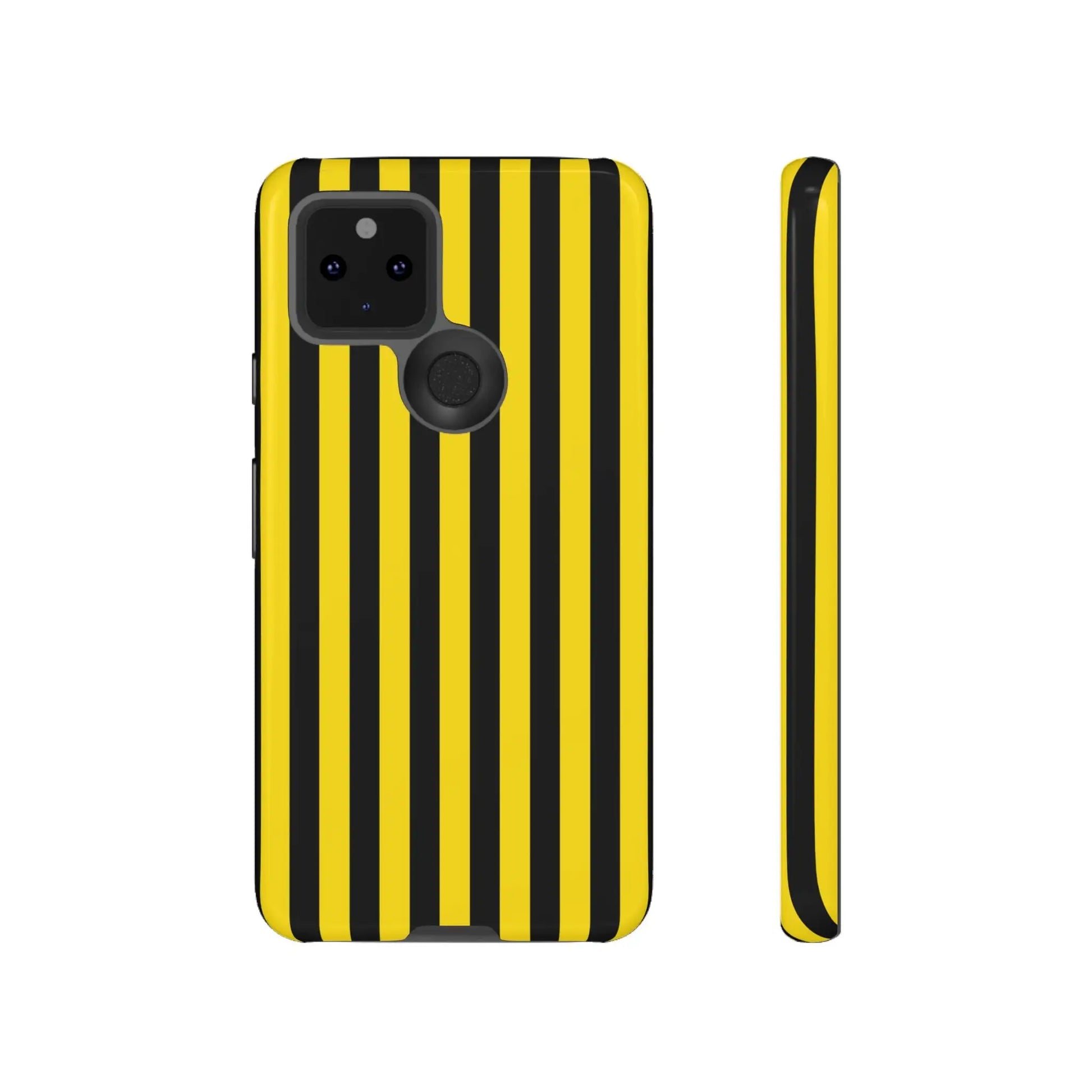 Back side of a yellow and black stripe tough case phone case with sleek black stripe tough design for iPhone Samsung Google phones