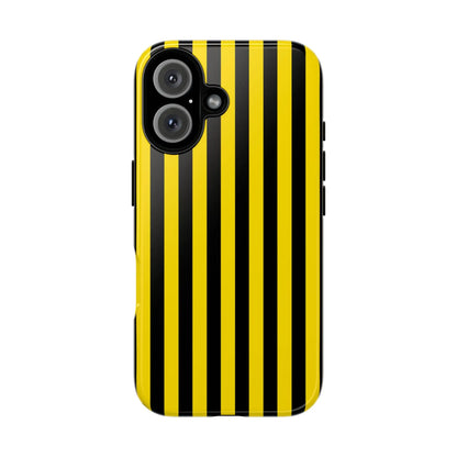 Back side of a sleek yellow and black stripe tough case phone case for iphone samsung google with dual cameras