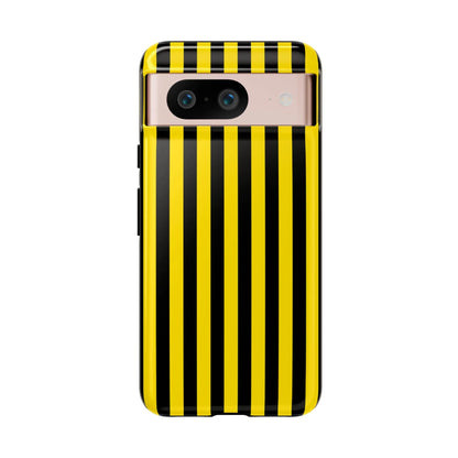 Back side of a vibrant yellow and black stripe tough case phone case with glossy finish for google pixel 7 pro