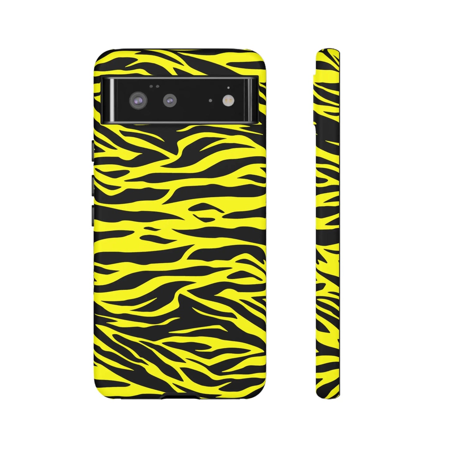 Yellow wild tiger print phone case cover showing the back with vibrant yellow and black tiger print pattern