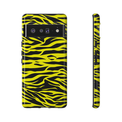 Back side of a yellow wild tiger print phone case cover with vibrant black tiger print pattern and bold graphic design