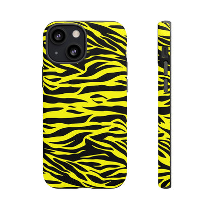 Back side of a vibrant yellow wild tiger print phone case cover with bold black tiger print pattern