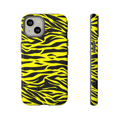 Back side of a vibrant yellow wild tiger print pattern phone case cover with black tiger stripes design