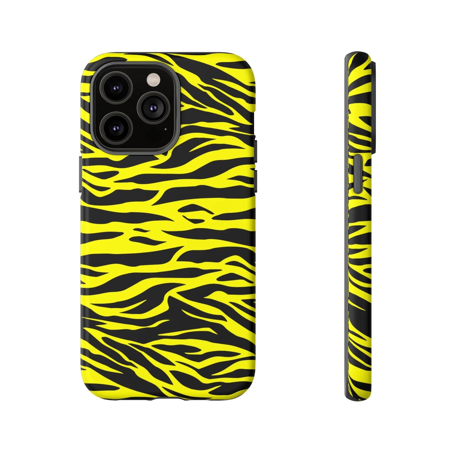 Back side of a vibrant yellow wild tiger print phone case cover with bold black tiger print pattern