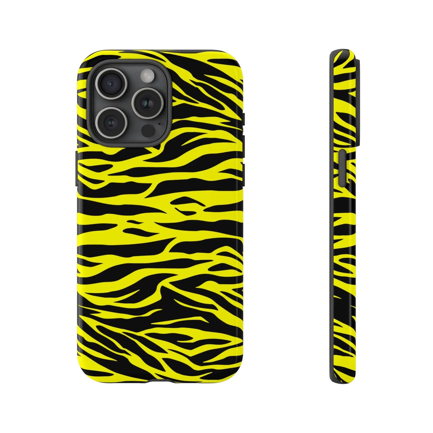 Back side of a yellow wild tiger print pattern phone case cover featuring vibrant yellow and black tiger stripes