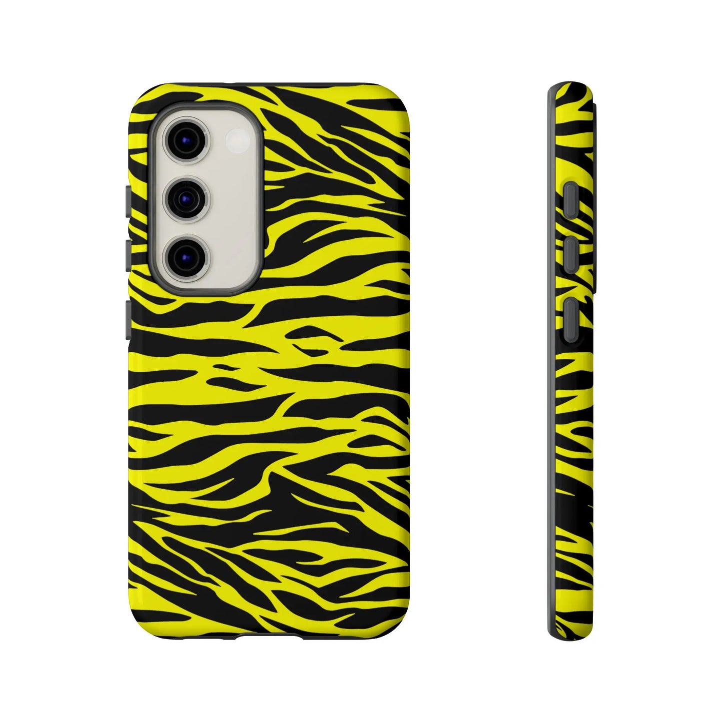 Back view of a sleek protective yellow wild tiger print phone case cover with vibrant yellow and black tiger print pattern