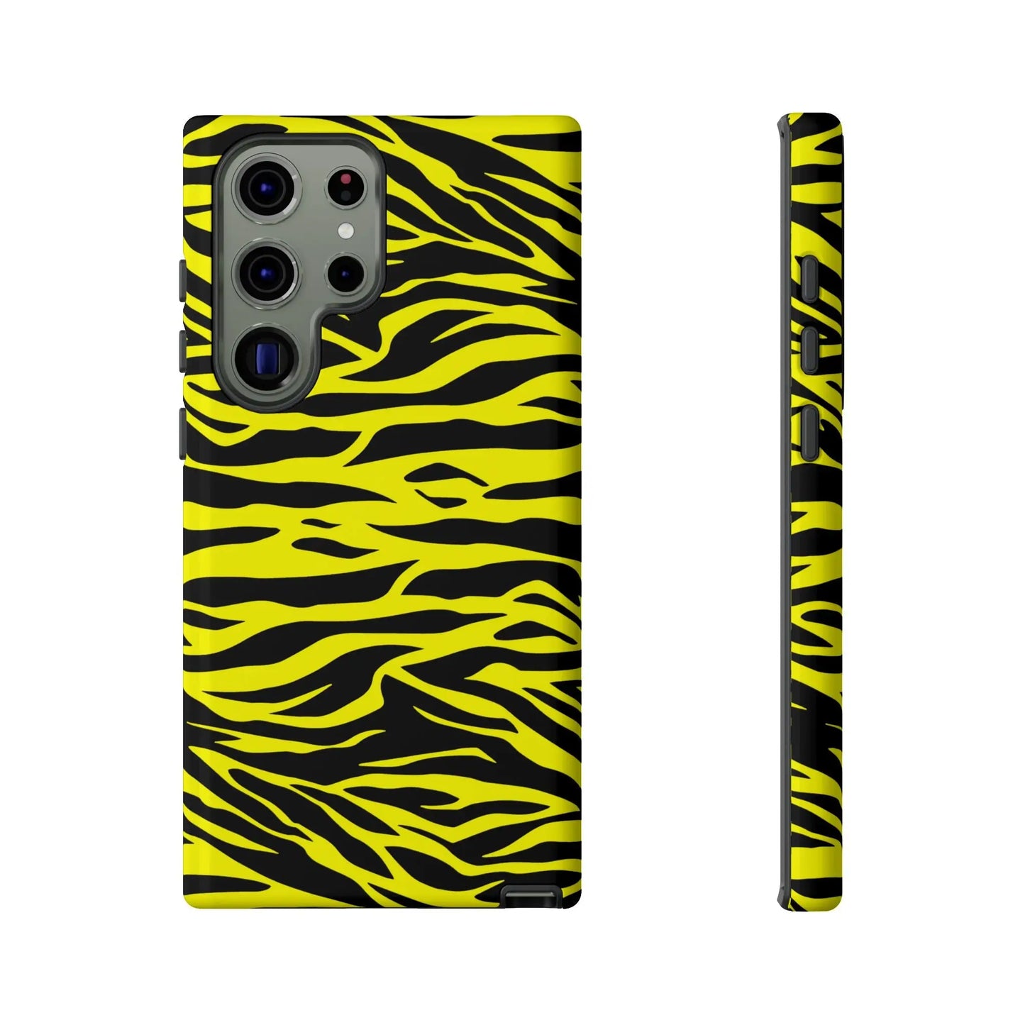 Image of the back side of a vibrant yellow wild tiger print pattern phone case cover with black tiger stripes
