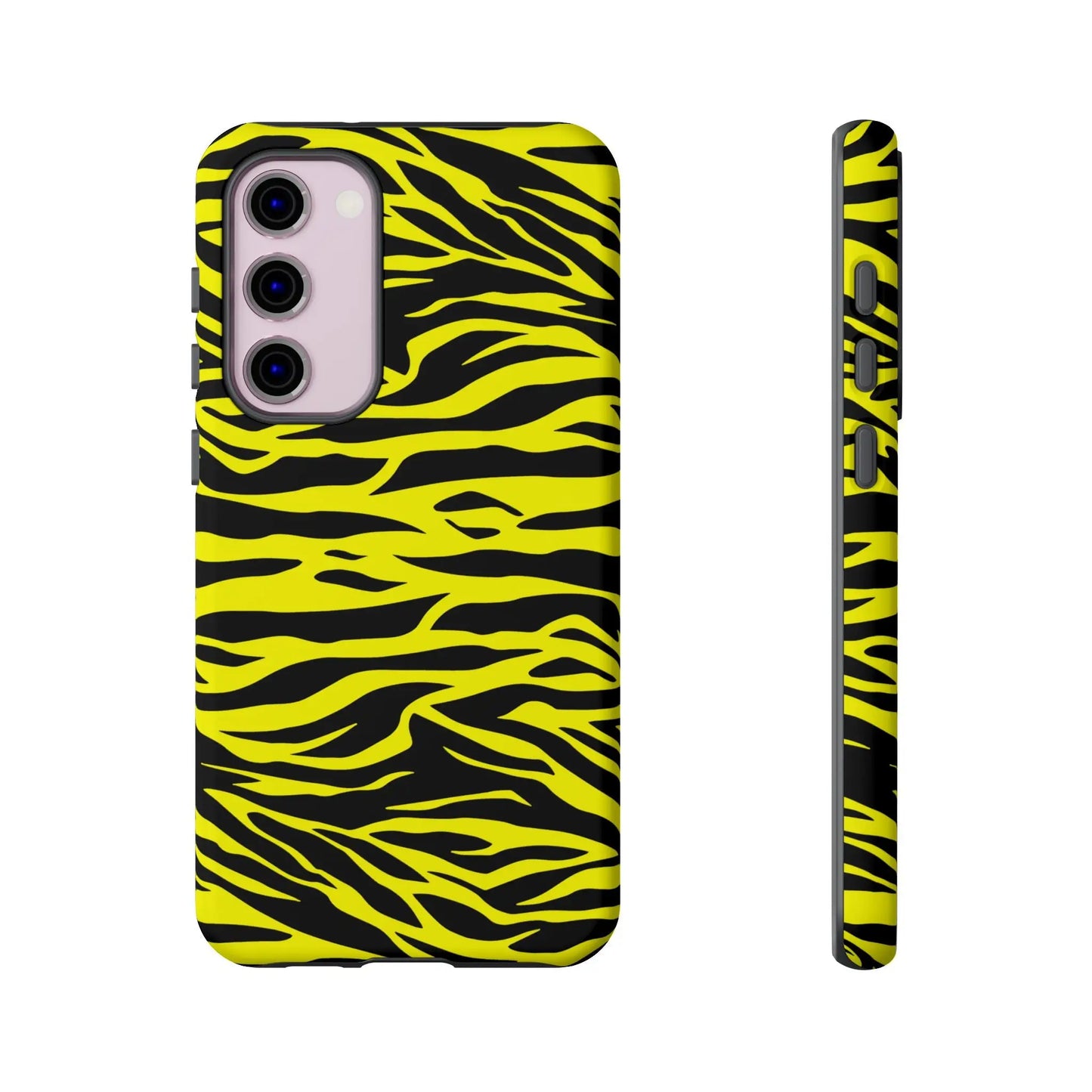 Back side of a phone case cover featuring a vibrant yellow wild tiger print pattern with black tiger stripes