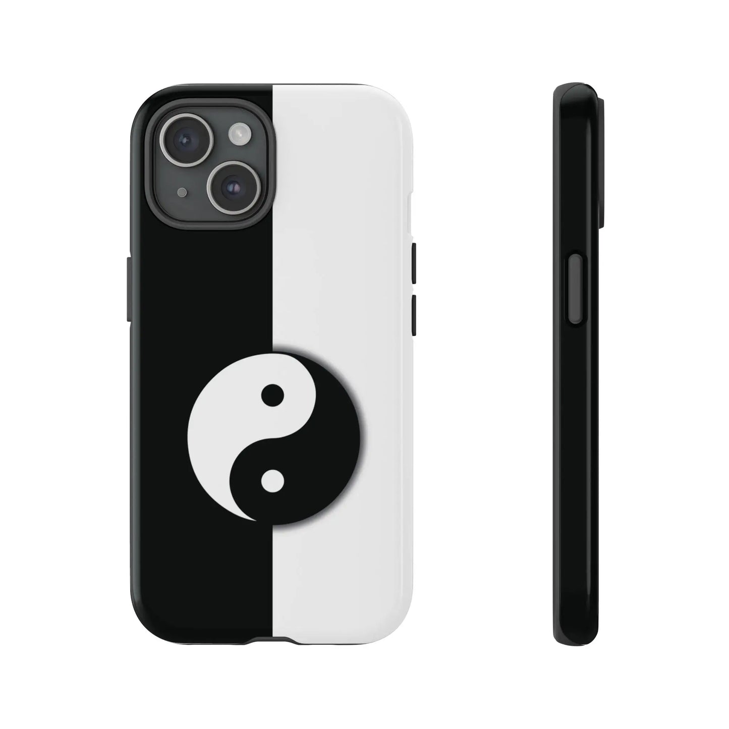 Back side of a yin yang black and white phone case featuring smooth plastic material for tough protection