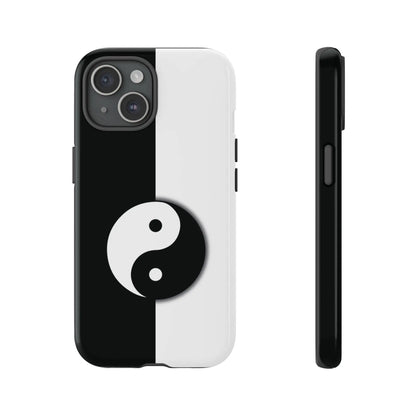 Back side of a yin yang black and white phone case featuring smooth plastic material for tough protection