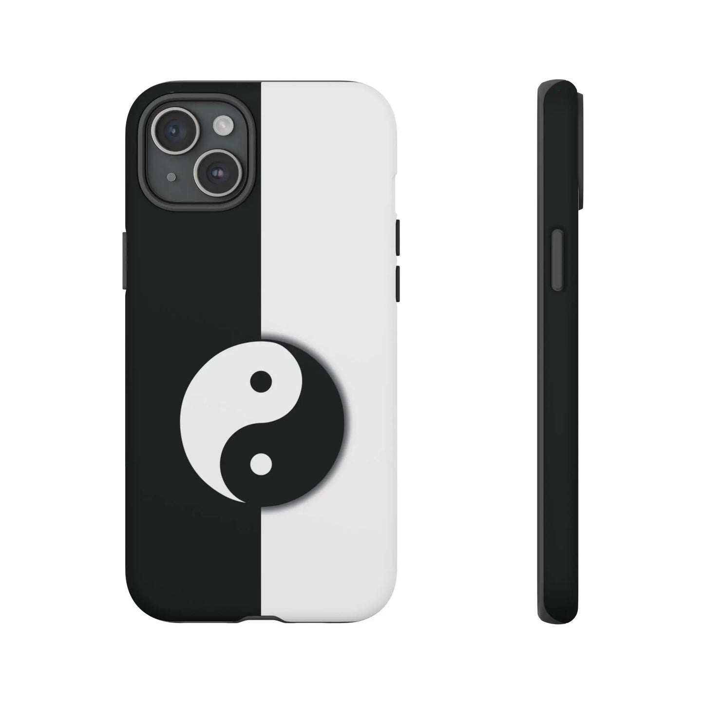 Back side of a tough yin yang black and white phone case featuring a centered yin yang symbol on split design