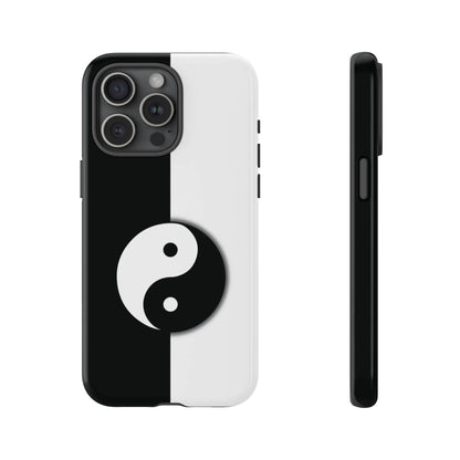 Back side of a sleek minimalist yin yang black and white phone case designed for tough protection