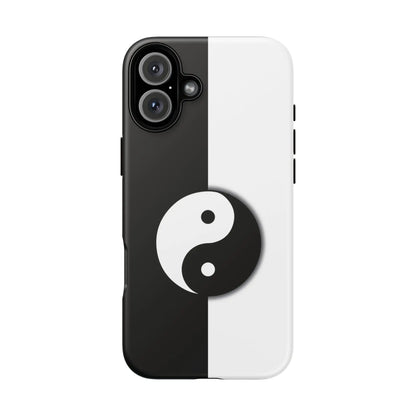 Back of a tough yin yang black and white phone case with a central yin yang symbol on a split-color background