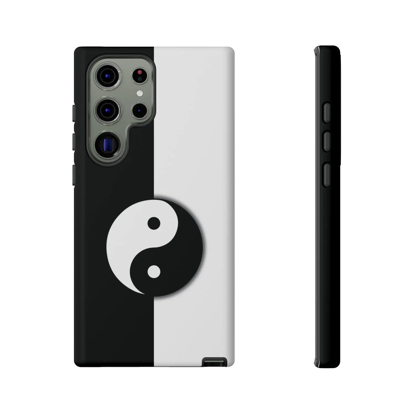 Back side of a sleek black and white yin yang phone case with minimalist design for tough protection