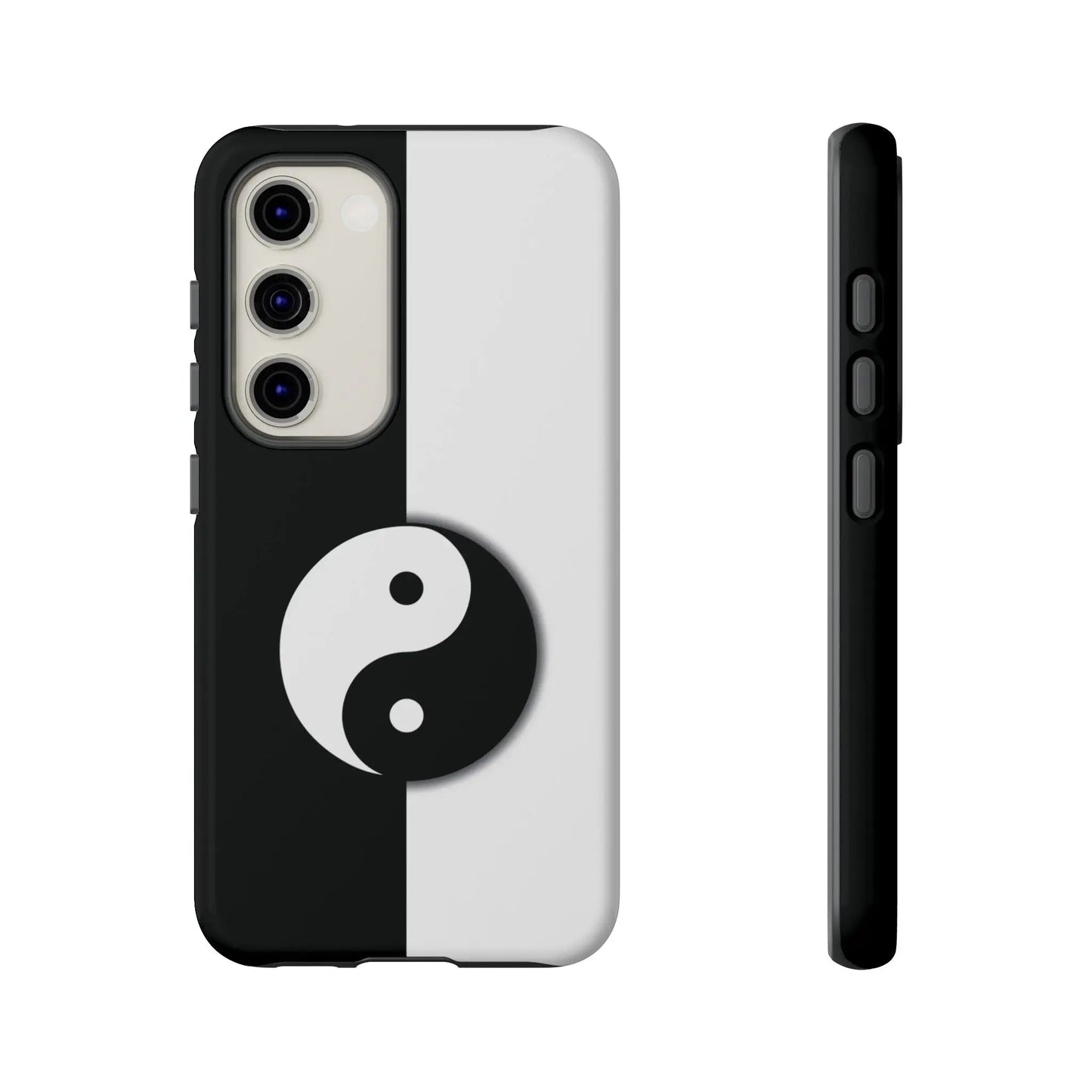 Back side of a tough yin yang black and white phone case with a sleek minimalist design and durable material