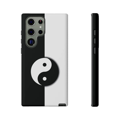 Back side of a sleek minimalist yin yang black and white phone case designed for tough protection