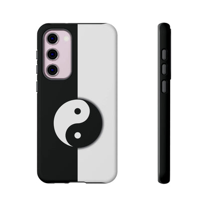 Back side of a sleek minimalist tough phone case featuring black and white yin yang design for yin yang black use