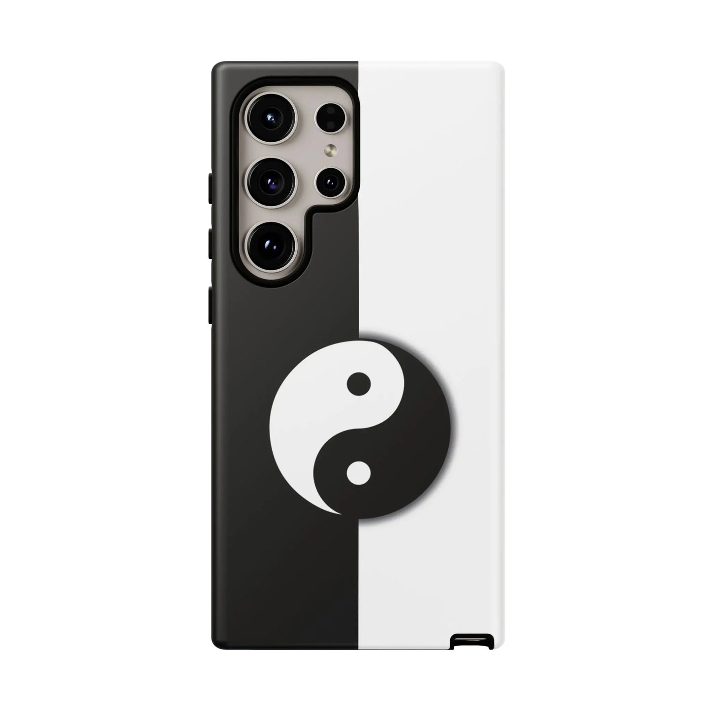 Back side of a tough yin yang black and white phone case featuring a centered yin yang symbol on a split design