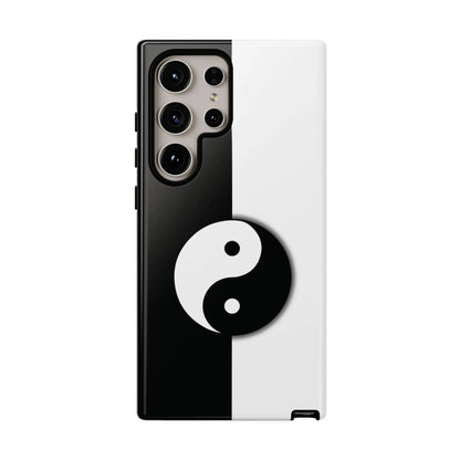 Black and white phone case with a prominent yin yang black symbol on the back split design tough case